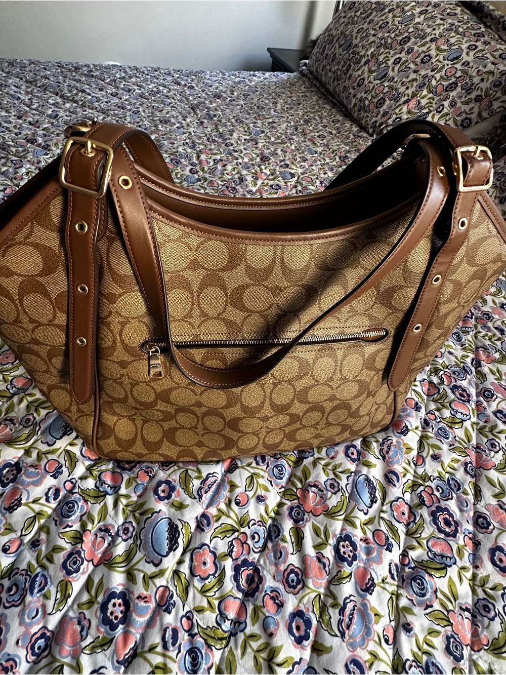 Coach Brown Signature Canvas Shoulder Tote with Leather Trim - Picture 2 of 6